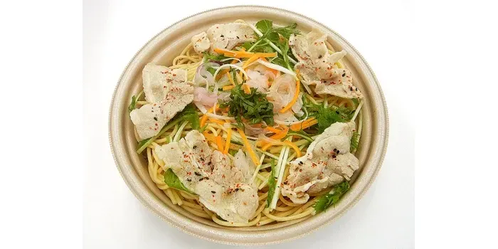 京みず菜と香味野菜の豚しゃぶおだしパスタ