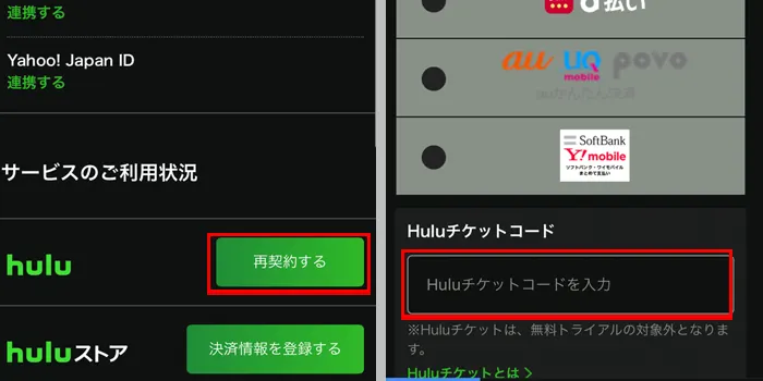 Huluチケットの既存アカウントの場合の使い方やコード入力のやり方を解説する画像その3