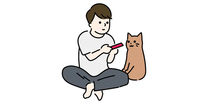 猫に餌を与えている男性のイラスト