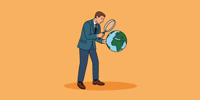 地球儀を虫眼鏡で覗く男性のイラスト